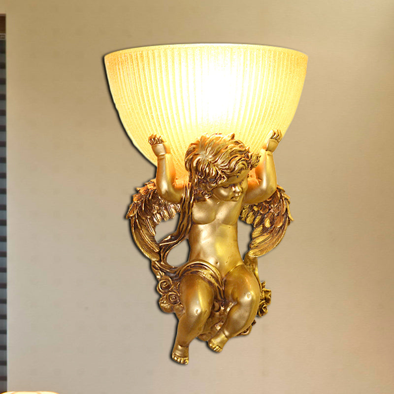 Frendorf | Angel Wandleuchte Colony Metall 1 Kopf Weiß/Gold Wandlampenarmatur mit Kuppel Amber Glas Schirm, Links/Rechts
