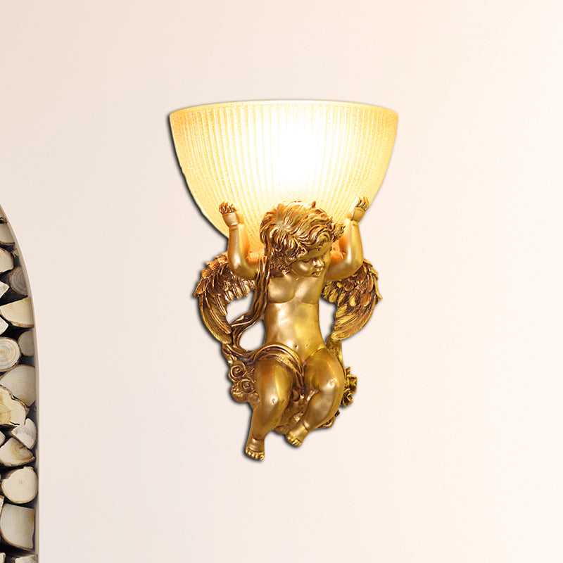 Frendorf | Angel Wandleuchte Colony Metall 1 Kopf Weiß/Gold Wandlampenarmatur mit Kuppel Amber Glas Schirm, Links/Rechts
