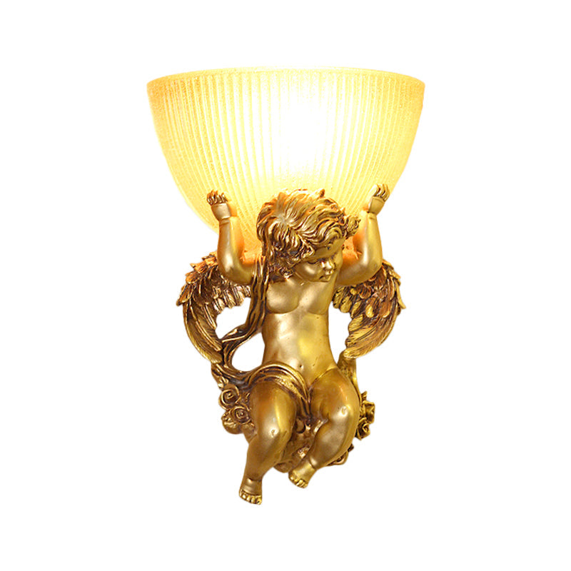 Frendorf | Angel Wandleuchte Colony Metall 1 Kopf Weiß/Gold Wandlampenarmatur mit Kuppel Amber Glas Schirm, Links/Rechts