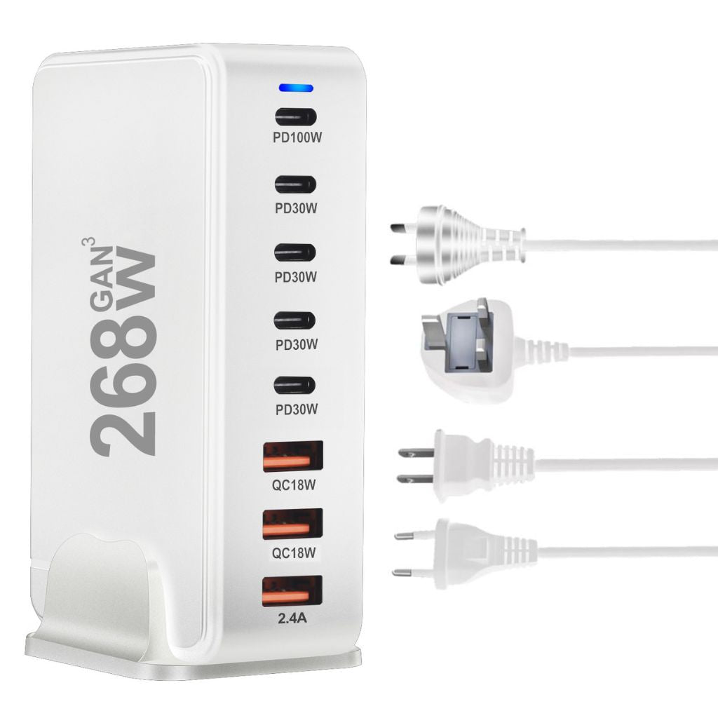 Frendorf | 268W GaN 8-Port USB-C Ladegerät mit 5 USB-C und 3 USB-A Anschlüssen – Schnellladegerät für Smartphones, Tablets und Laptops