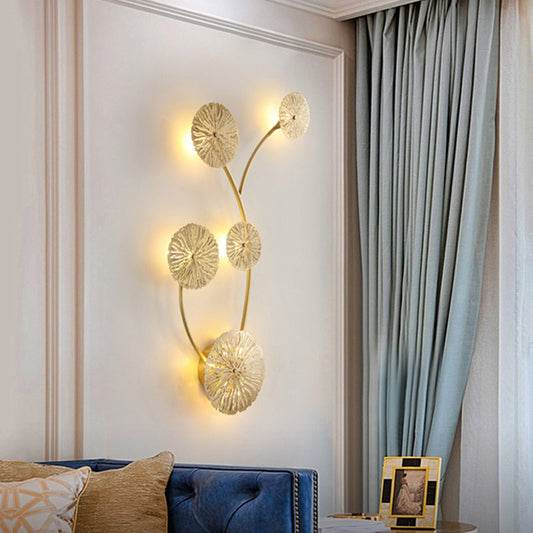 Frendorf | 3/6/7 Köpfe Messing Wandmontage Lampe Asiatischer Stil Gold-Finish Geätztes Lotusblatt Wandlicht Wandleuchte