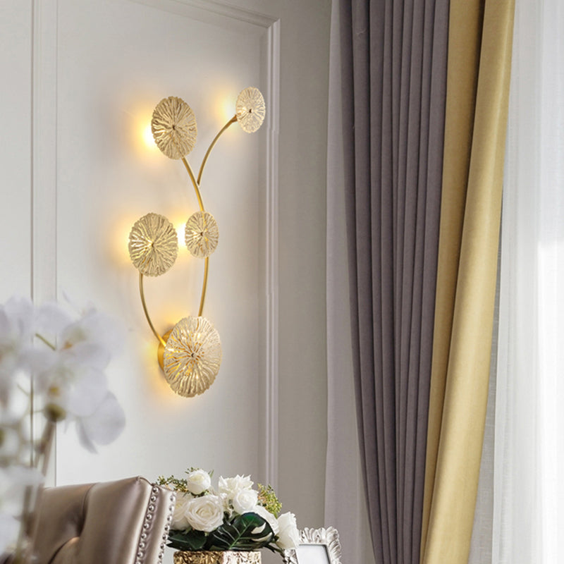 Frendorf | 3/6/7 Köpfe Messing Wandmontage Lampe Asiatischer Stil Gold-Finish Geätztes Lotusblatt Wandlicht Wandleuchte
