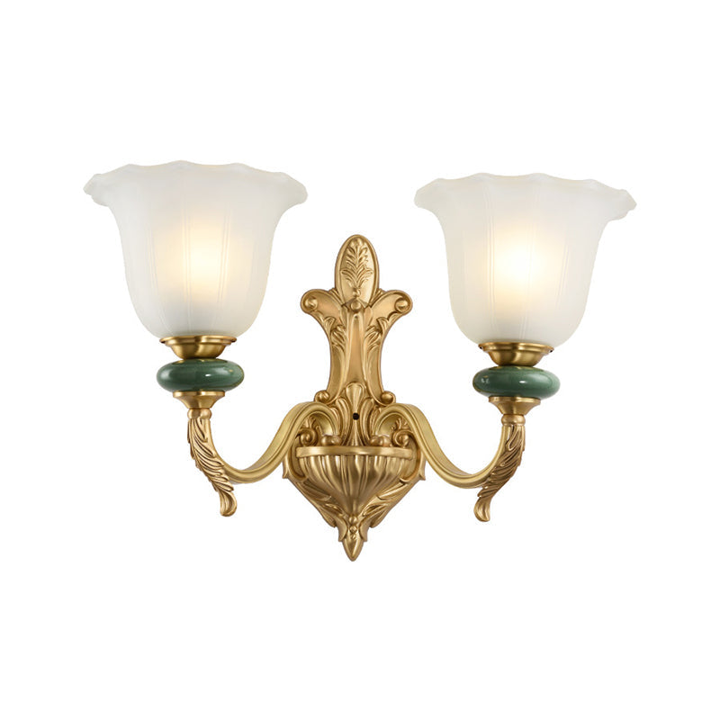 Frendorf | 1/2-Head Bell Wandlamp Vintage Stijl Opal Glass Wandmontage Lamp met Gouden Gebogen Arm voor Bedzijde
