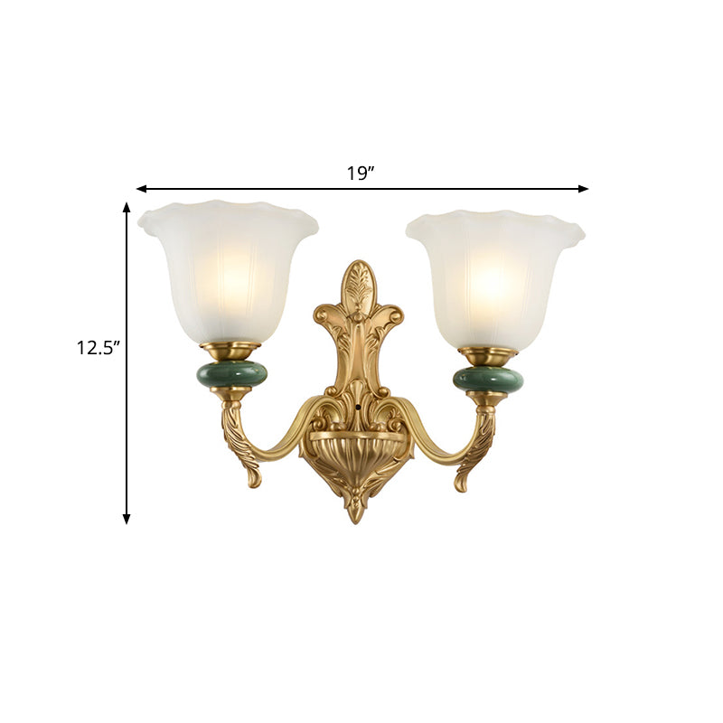 Frendorf | 1/2-Head Bell Wandlamp Vintage Stijl Opal Glass Wandmontage Lamp met Gouden Gebogen Arm voor Bedzijde