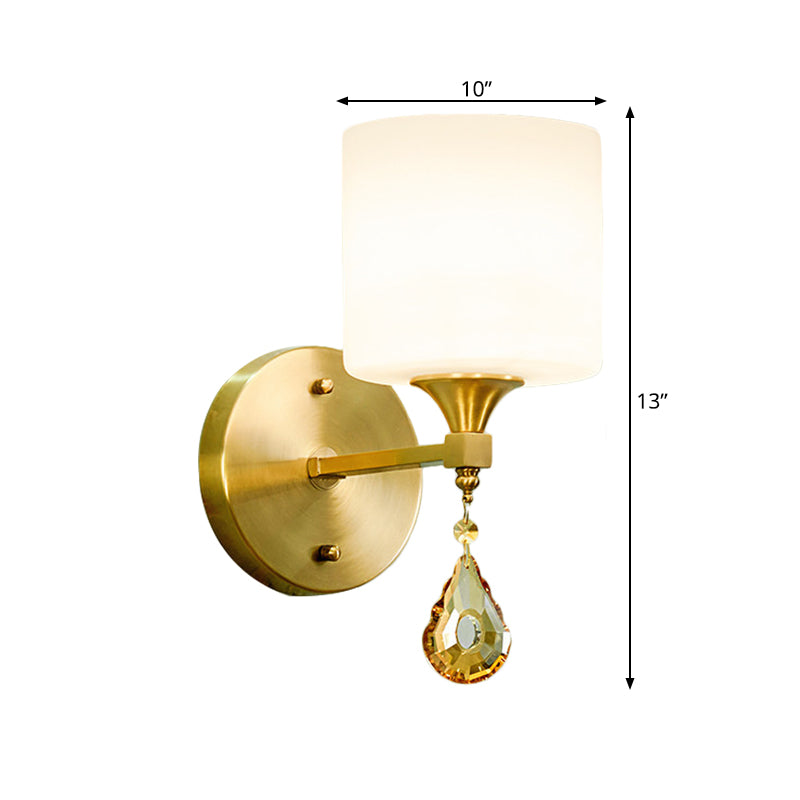 Frendorf | Drum Shade Flur Wandleuchte Modern Stil Milchglas 1/2-Birne Messing Finish Wandlampe mit Bernstein Kristall Drapierung