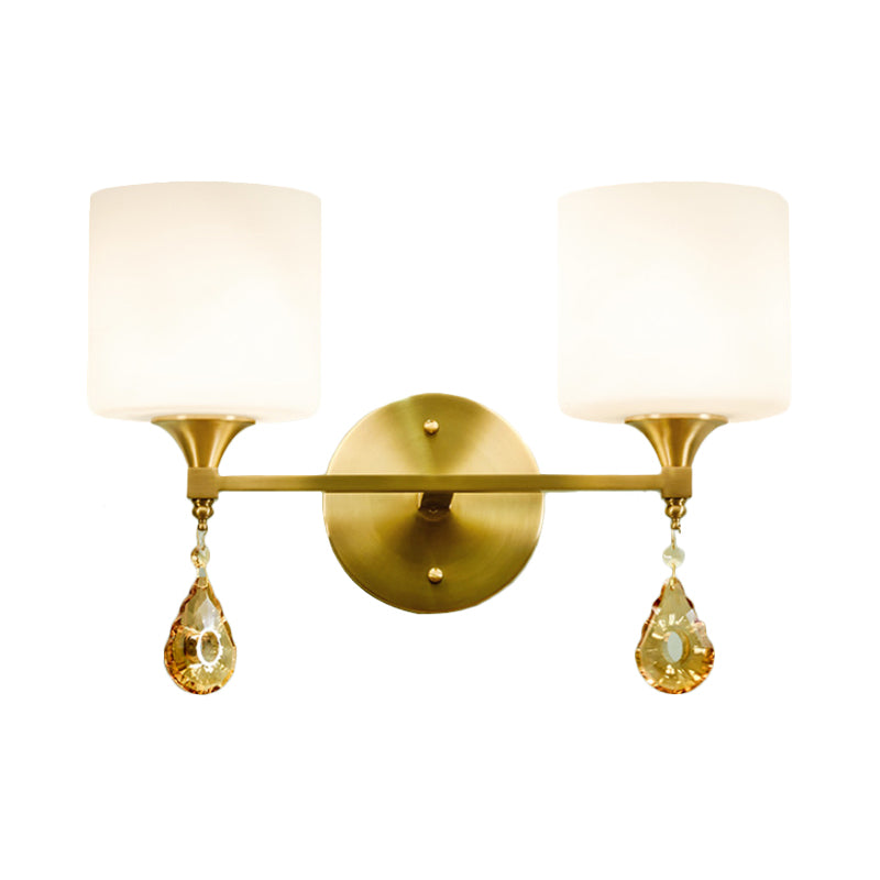 Frendorf | Drum Shade Flur Wandleuchte Modern Stil Milchglas 1/2-Birne Messing Finish Wandlampe mit Bernstein Kristall Drapierung