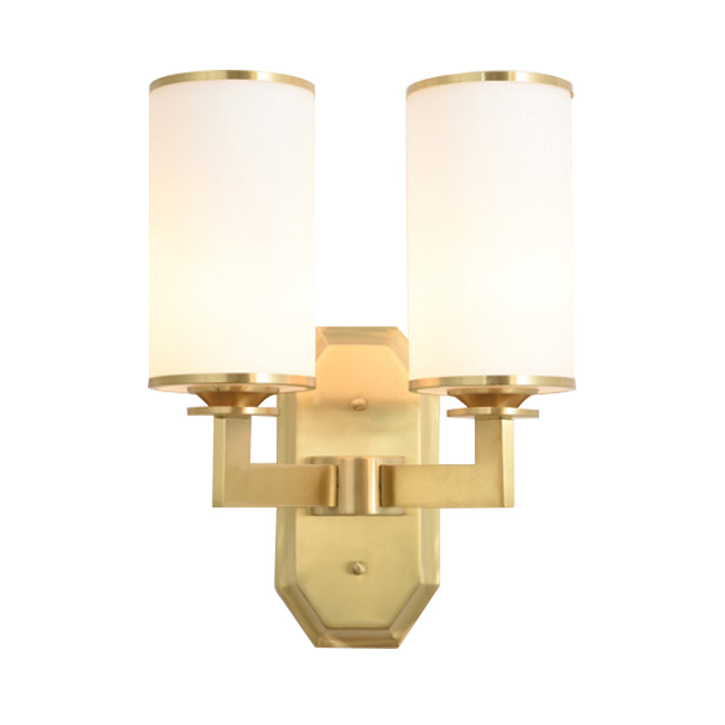 Frendorf | 1/2-Kopf Wandmontagebeleuchtung Moderne Stilvolle Zylindrische Schatten Frosted Weiß Opal Wandlampe in Messing