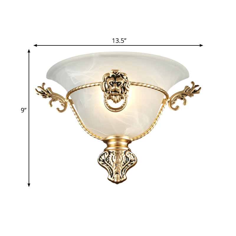Frendorf | 1 Glühbirne Trompeten Wandlampe Kolonial Opalglas Wandleuchte mit Kupfer/Messing Löwenmetall Dekor für Nachttisch
