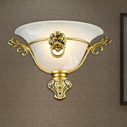 Frendorf | 1 Glühbirne Trompeten Wandlampe Kolonial Opalglas Wandleuchte mit Kupfer/Messing Löwenmetall Dekor für Nachttisch