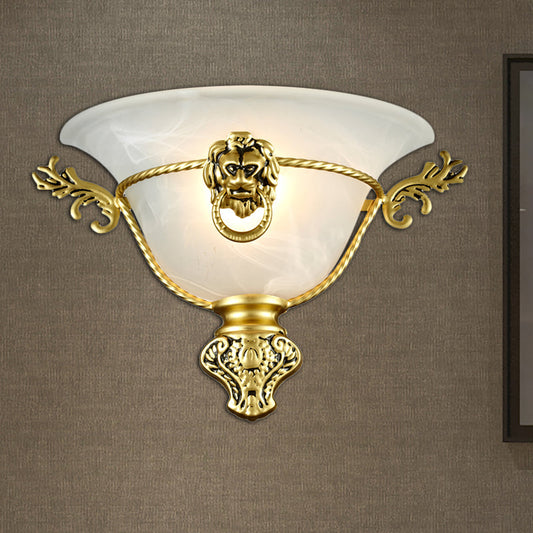 Frendorf | 1 Glühbirne Trompeten Wandlampe Kolonial Opalglas Wandleuchte mit Kupfer/Messing Löwenmetall Dekor für Nachttisch