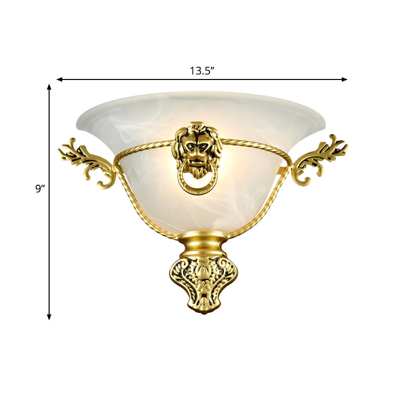 Frendorf | 1 Glühbirne Trompeten Wandlampe Kolonial Opalglas Wandleuchte mit Kupfer/Messing Löwenmetall Dekor für Nachttisch