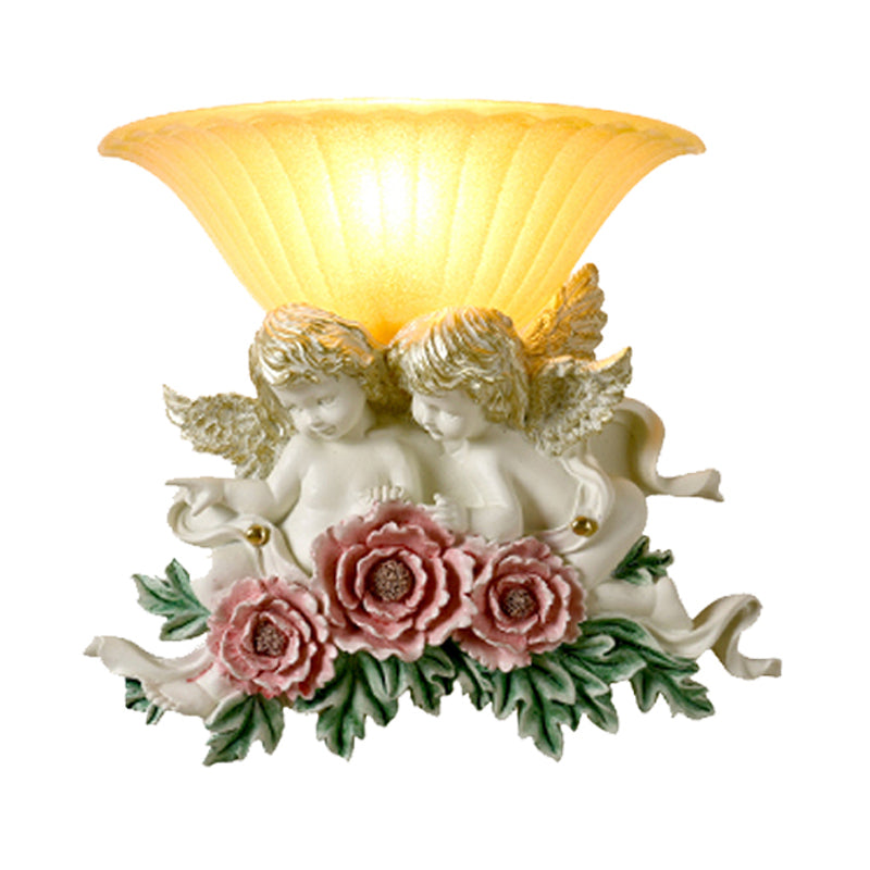 Frendorf | Geschwungene Frosted Glas Wandlampe Retro Stil 1-Licht Gelbe Flush Wandlampe mit Pink/Beige Rosen Details