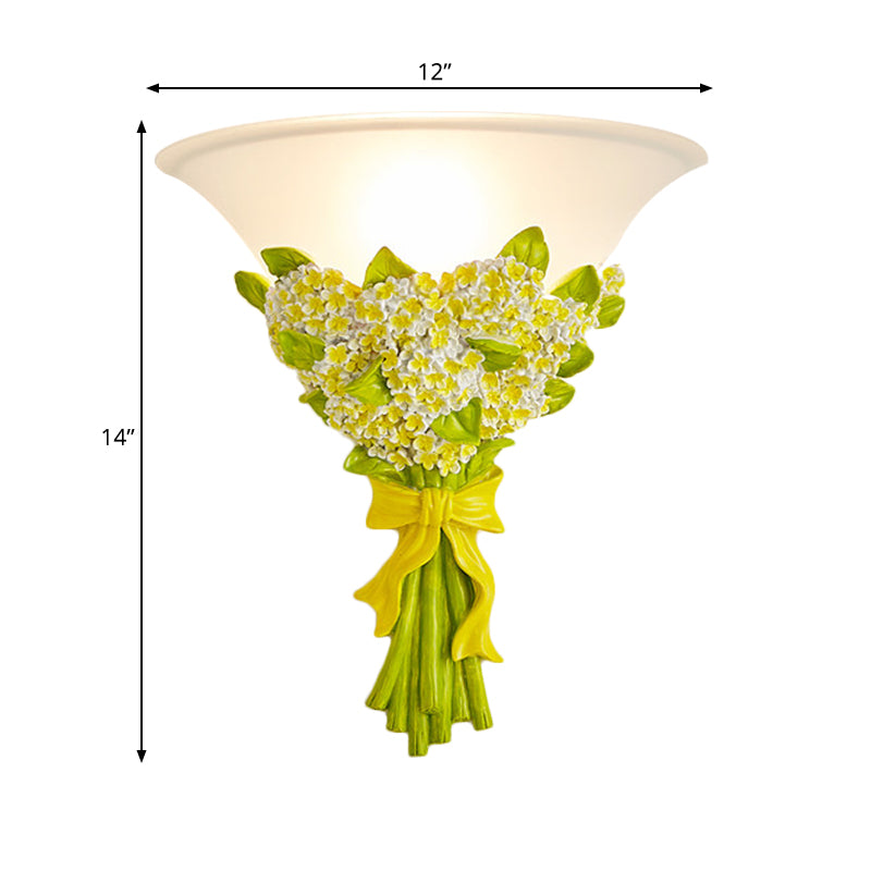 Frendorf | 1-Head Frosted Glass Wandleuchte Modern Weiße Schmale Wandlampe mit Gelb/Pink Gypsophila Blumenarrangement Element