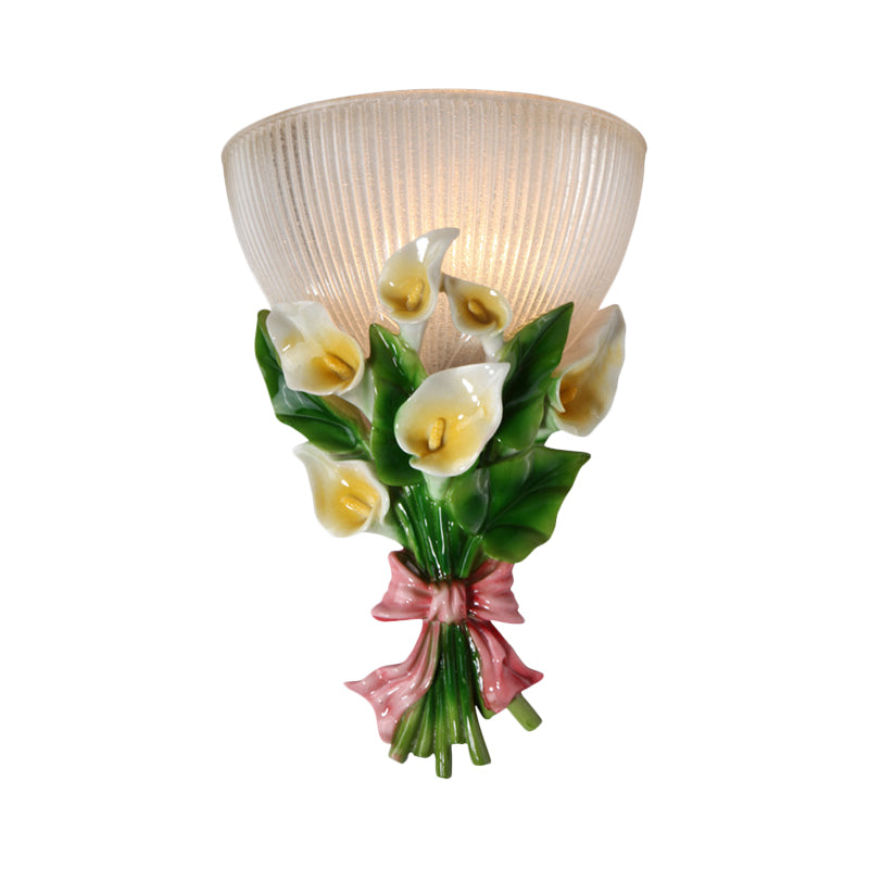 Frendorf | Domevorm Wandlamp Moderne Stijl Ribbelglas 1 Lamp Witte Sconcelicht met Groene Boeketdetail