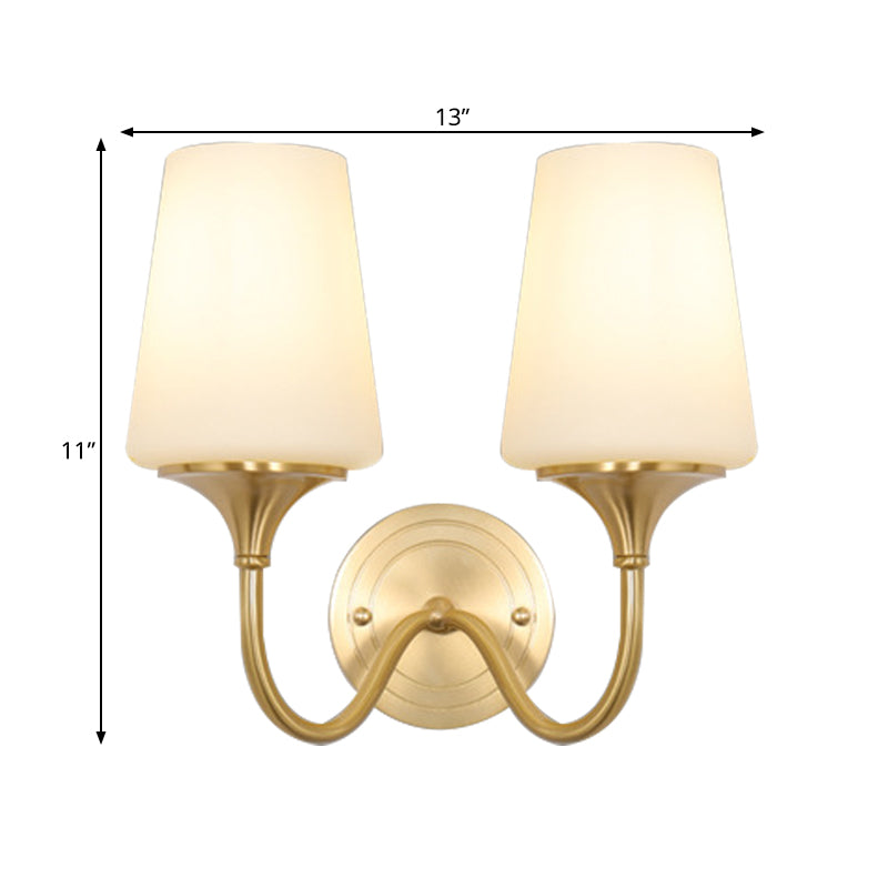 Frendorf | 1/2-bowl kegelvormige schaduw wandlamp hedendaagse stijl witte glazen wandkandelaar verlichting in brons voor slaapkamer