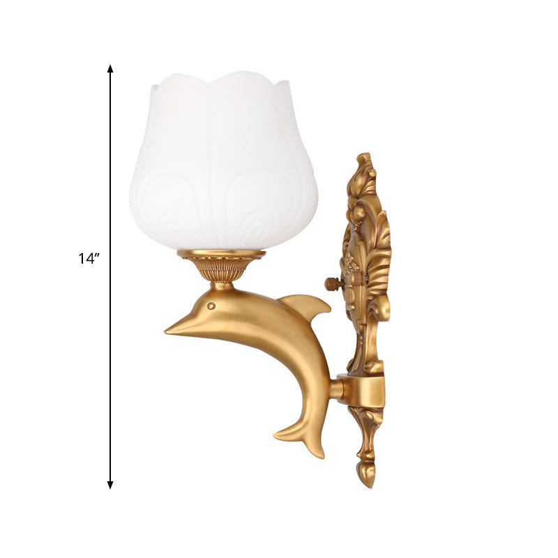 Frendorf | 1 Glühbirne Blüten Wandbeleuchtung Vintage Stil Weißes Glas Wandlicht mit goldenem Delfin Dekor