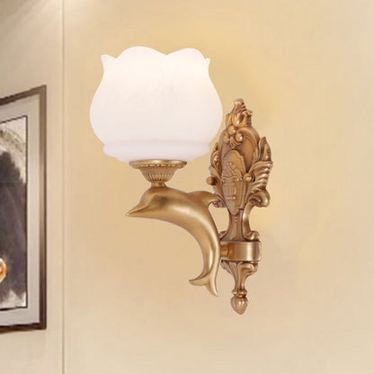 Frendorf | Gold Dolphin Wand Sconcelamp Retro Stijl Metaal 1 Licht Woonkamer Wandlamp met Opal Glas Petal Shade