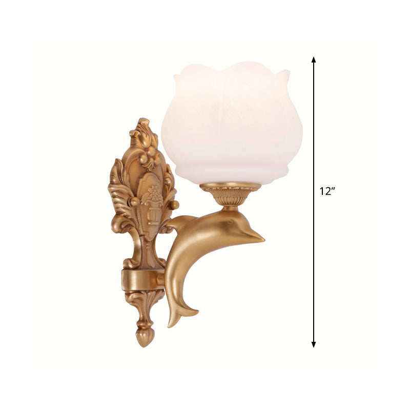 Frendorf | Gold Dolphin Wand Sconcelamp Retro Stijl Metaal 1 Licht Woonkamer Wandlamp met Opal Glas Petal Shade