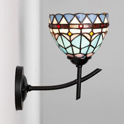 Bogen/Geformte Arm Wandleuchte mit Buntglasschirm 1 Licht Tiffany Wandmontageleuchte in Weiß/Blau/Klar für Schlafzimmer