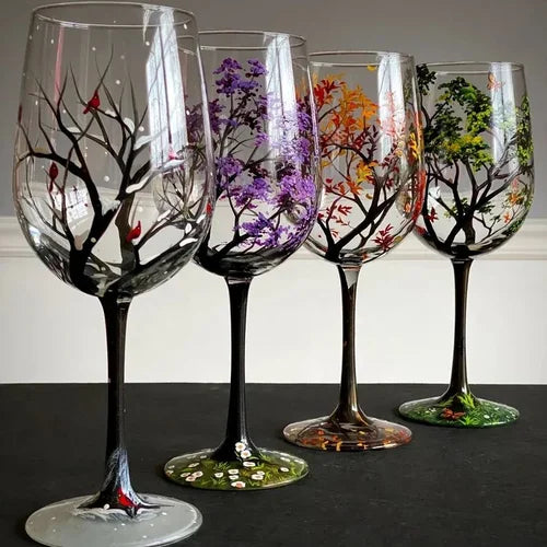 Frendorf | Vier Jahreszeiten Baum Weingläser - Hand gemalt Kunst