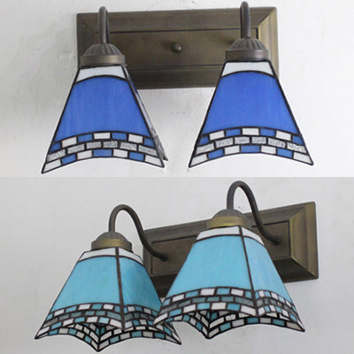 Frendorf | Mediterrane Piramide Wandlamp 2 Hoofden Blauw/Lichtblauwe Glazen Wandverlichting voor Slaapkamer