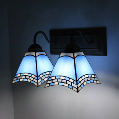 Frendorf | Mediterrane Piramide Wandlamp 2 Hoofden Blauw/Lichtblauwe Glazen Wandverlichting voor Slaapkamer