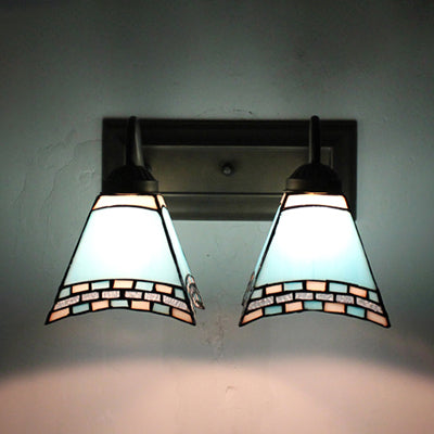 Frendorf | Mediterrane Piramide Wandlamp 2 Hoofden Blauw/Lichtblauwe Glazen Wandverlichting voor Slaapkamer