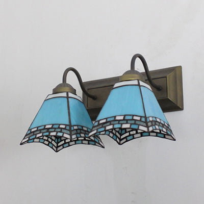 Frendorf | Mediterrane Piramide Wandlamp 2 Hoofden Blauw/Lichtblauwe Glazen Wandverlichting voor Slaapkamer