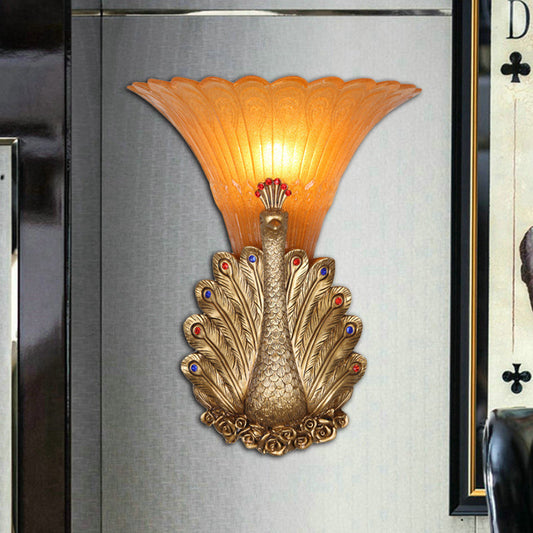 Frendorf | 1 Licht Paon Wandlamp Rustieke Stijl Rood/Gouden Afwerking Hars Wandlamp met Oranje Glazen Golfvormige Schaduw, 9,5"/13" B