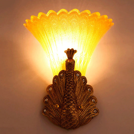 Frendorf | 1 Licht Paon Wandlamp Rustieke Stijl Rood/Gouden Afwerking Hars Wandlamp met Oranje Glazen Golfvormige Schaduw, 9,5"/13" B