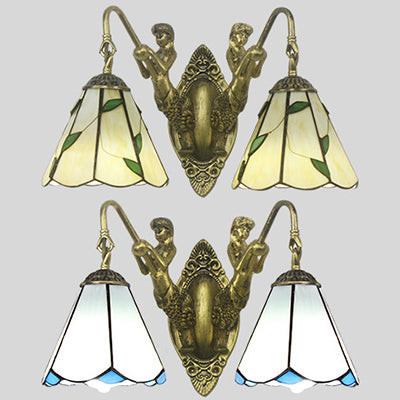 Frendorf | Flared Wandleuchte 2 Köpfe Weiß/Beige Glas Tiffany Wandmontage Beleuchtung mit Meerjungfrau Rückplatte
