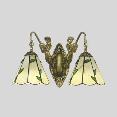 Frendorf | Flared Wandleuchte 2 Köpfe Weiß/Beige Glas Tiffany Wandmontage Beleuchtung mit Meerjungfrau Rückplatte