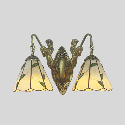 Frendorf | Flared Wandleuchte 2 Köpfe Weiß/Beige Glas Tiffany Wandmontage Beleuchtung mit Meerjungfrau Rückplatte