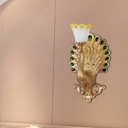 Frendorf | Traditionele Pauw Wandlamp Armatuur 1 Peertje Hars Wandlamp met Witte en Gele Glazen Bloemenschaduw