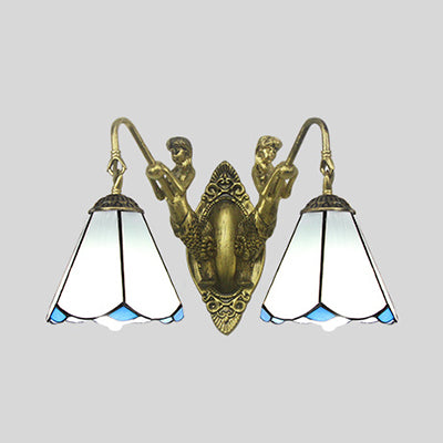 Frendorf | Flared Wandleuchte 2 Köpfe Weiß/Beige Glas Tiffany Wandmontage Beleuchtung mit Meerjungfrau Rückplatte