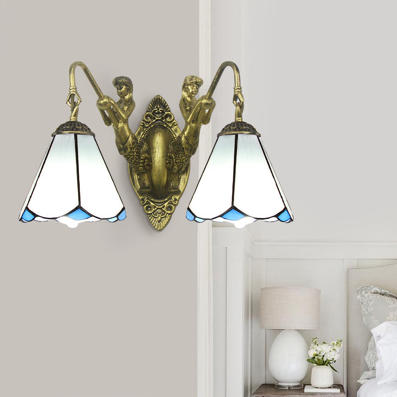 Frendorf | Flared Wandleuchte 2 Köpfe Weiß/Beige Glas Tiffany Wandmontage Beleuchtung mit Meerjungfrau Rückplatte