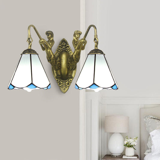 Frendorf | Flared Wandleuchte 2 Köpfe Weiß/Beige Glas Tiffany Wandmontage Beleuchtung mit Meerjungfrau Rückplatte