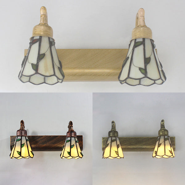 Frendorf | Lodge Style Cone Wandlamp met Bladontwerp 2 Lichten Gevuld Glazen Wandlamp in Brons voor Badkamer