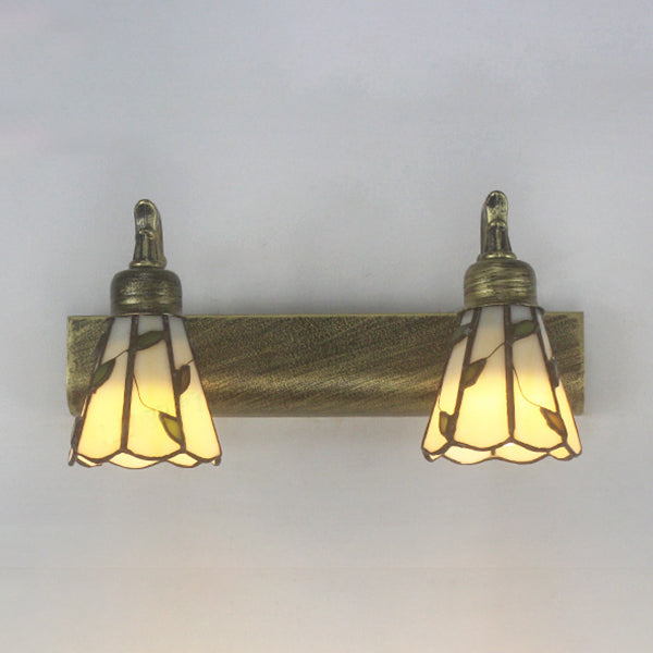 Frendorf | Lodge Style Cone Wandlamp met Bladontwerp 2 Lichten Gevuld Glazen Wandlamp in Brons voor Badkamer