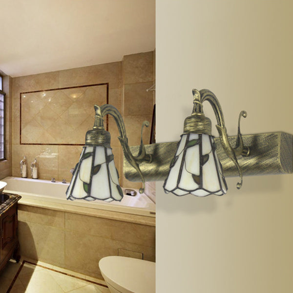 Frendorf | Lodge Style Cone Wandlamp met Bladontwerp 2 Lichten Gevuld Glazen Wandlamp in Brons voor Badkamer