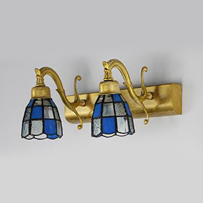 Frendorf | Dome RVS Glas Vanity Lamp Tiffany Stijl 2 Lichten Messing/Koper/Antiek Messing Wandlamp met Vierkant/Aziatisch Blauw Patroon