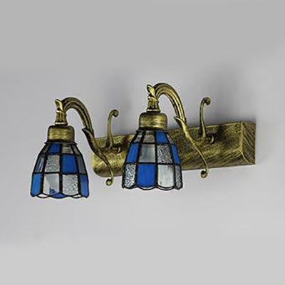 Frendorf | Dome RVS Glas Vanity Lamp Tiffany Stijl 2 Lichten Messing/Koper/Antiek Messing Wandlamp met Vierkant/Aziatisch Blauw Patroon
