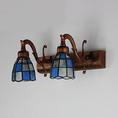Frendorf | Dome RVS Glas Vanity Lamp Tiffany Stijl 2 Lichten Messing/Koper/Antiek Messing Wandlamp met Vierkant/Aziatisch Blauw Patroon