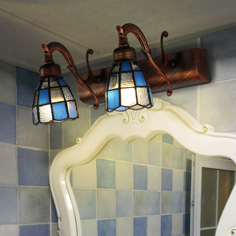 Frendorf | Dome RVS Glas Vanity Lamp Tiffany Stijl 2 Lichten Messing/Koper/Antiek Messing Wandlamp met Vierkant/Aziatisch Blauw Patroon