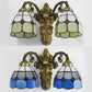 Frendorf | 2 Hoofden Beige/Blauwe Kom Wandverlichting Vintage Retro Stijl Gekleurd Glas Sconcelamp in Verouderd Messing