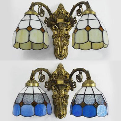 Frendorf | 2 Hoofden Beige/Blauwe Kom Wandverlichting Vintage Retro Stijl Gekleurd Glas Sconcelamp in Verouderd Messing