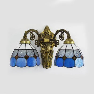 Frendorf | 2 Hoofden Beige/Blauwe Kom Wandverlichting Vintage Retro Stijl Gekleurd Glas Sconcelamp in Verouderd Messing
