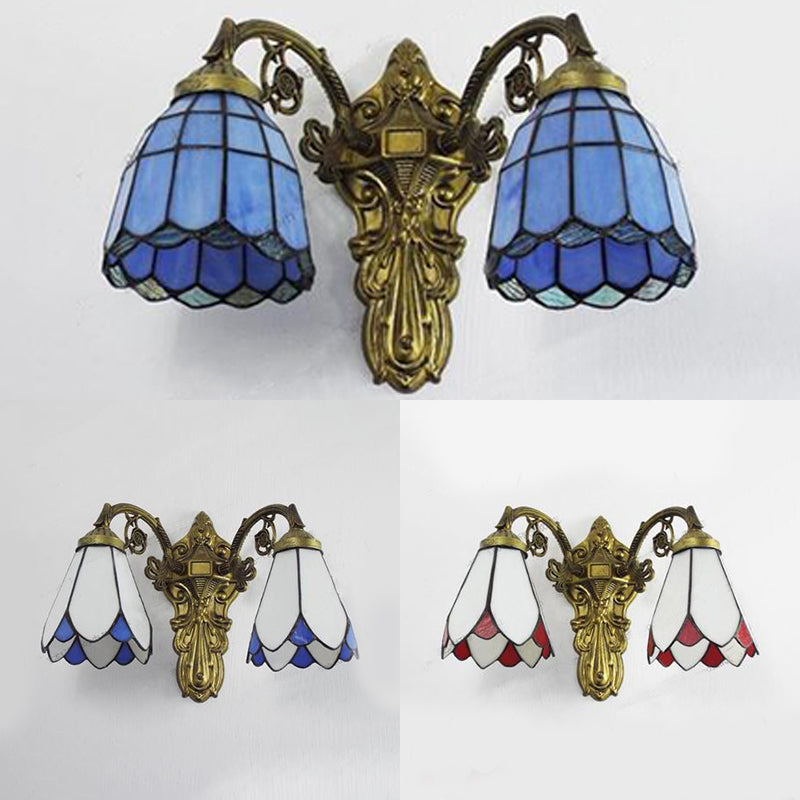 Frendorf | Glas-in-lood Muurlicht met Gebogen Arm Tiffany Stijl Dubbele Wandlamp in Rood/Wit/Blauw voor Slaapkamerverlichting