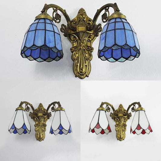 Frendorf | Glas-in-lood Muurlicht met Gebogen Arm Tiffany Stijl Dubbele Wandlamp in Rood/Wit/Blauw voor Slaapkamerverlichting