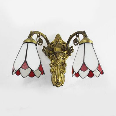 Frendorf | Glas-in-lood Muurlicht met Gebogen Arm Tiffany Stijl Dubbele Wandlamp in Rood/Wit/Blauw voor Slaapkamerverlichting